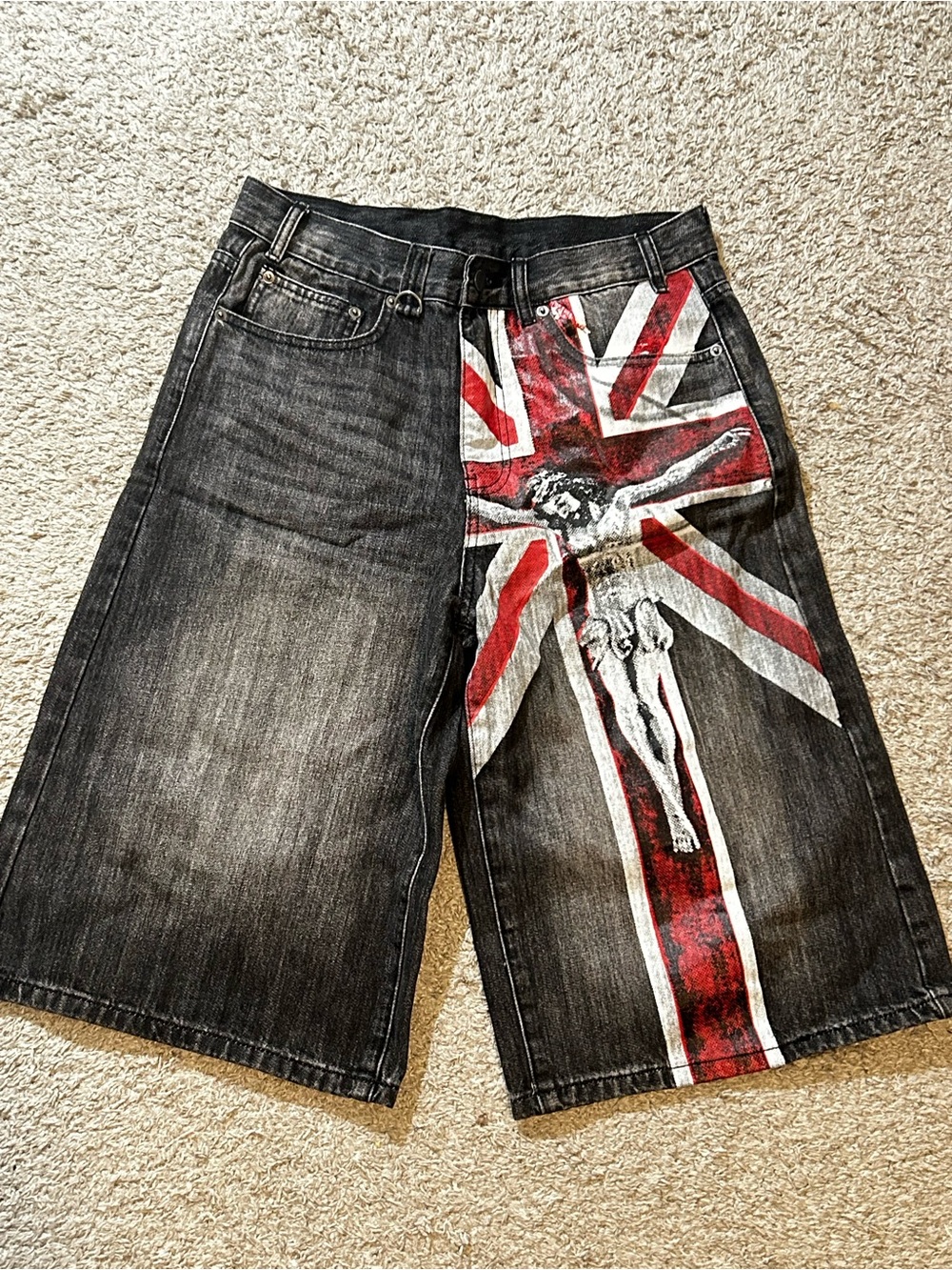 Bravest Studios Black Denim Shorts with Red & White Union Jack Graphic